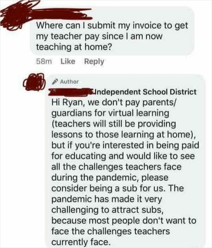 A parent demanding teacher pay for virtual learning shut down by a school district, showing choosing beggars online.