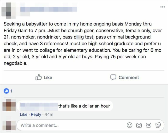 Facebook post of choosing beggars asking for a full-time babysitter for four boys at only 75 dollars a week.
