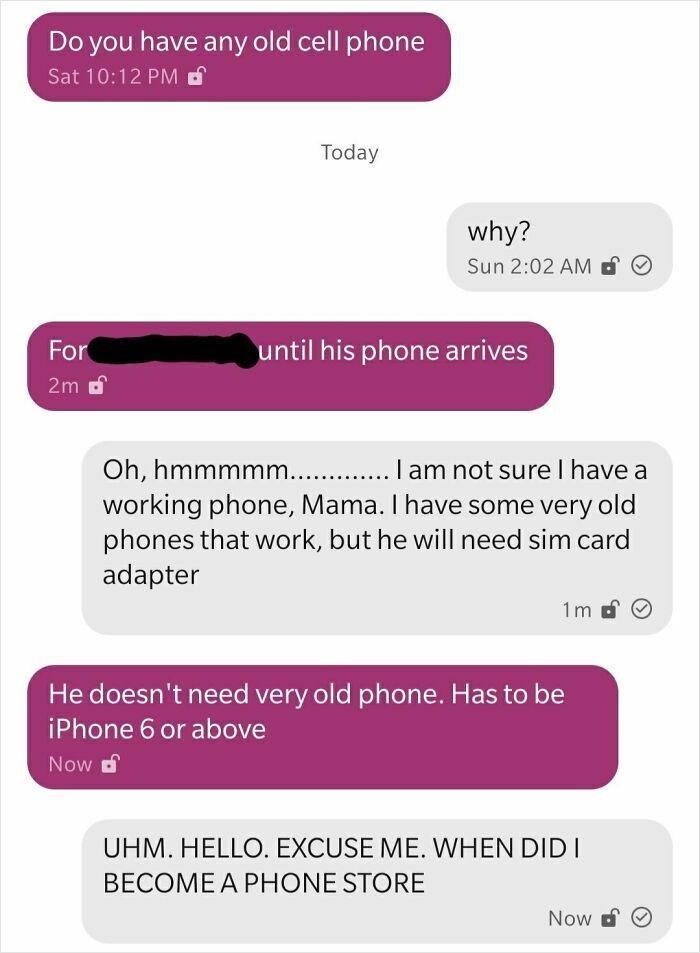 Chat message showing choosing beggars demanding a free iPhone 6 or above instead of any old working phone.