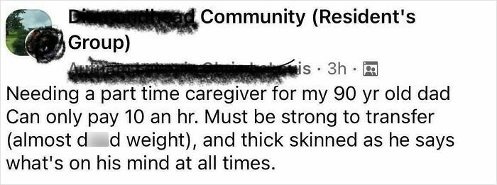 A community forum post where choosing beggars offer low pay for demanding care work