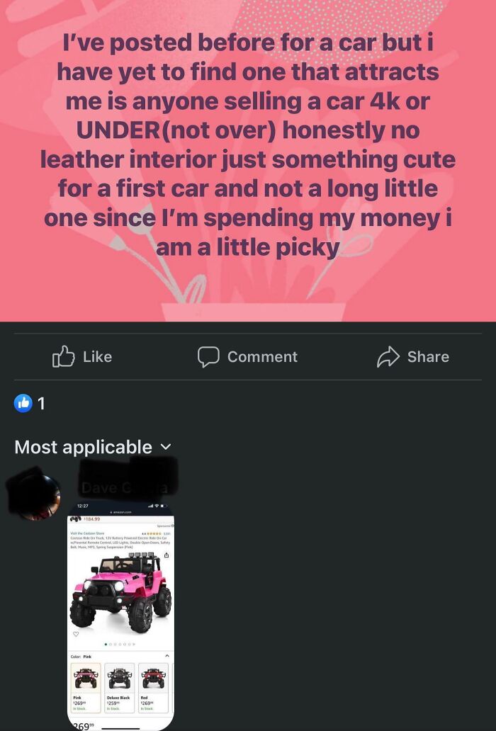 A social media post from choosing beggars asking for a first car under 4k, met with a toy car link.