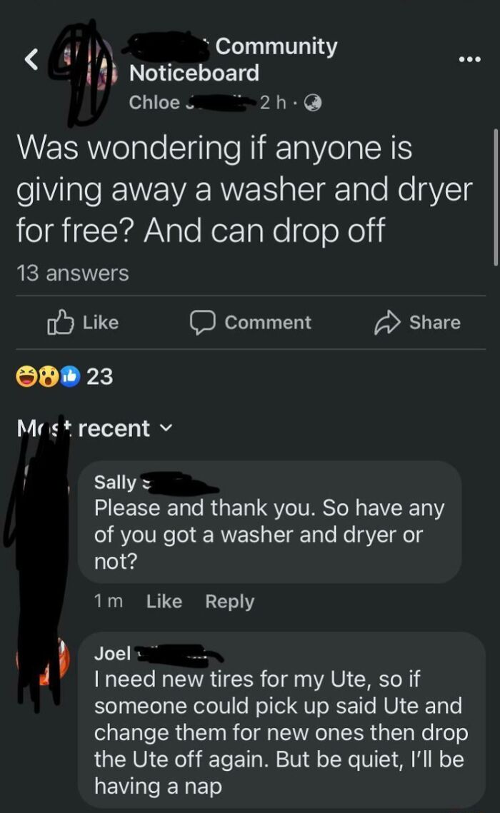 A social media post from choosing beggars asking for a free washer and dryer with delivery.