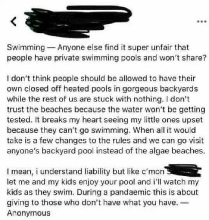 A social media post where choosing beggars complain that private swimming pools are unfair and should be shared.