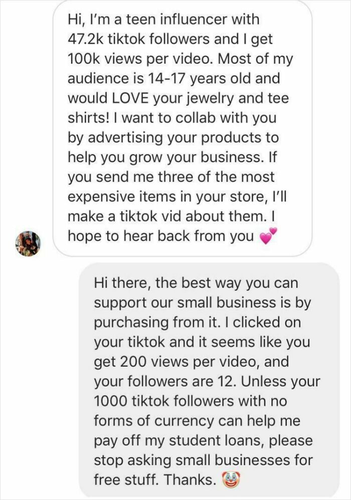 Text messages of a teen influencer requesting free expensive items shut down by a small business, showing choosing beggars.
