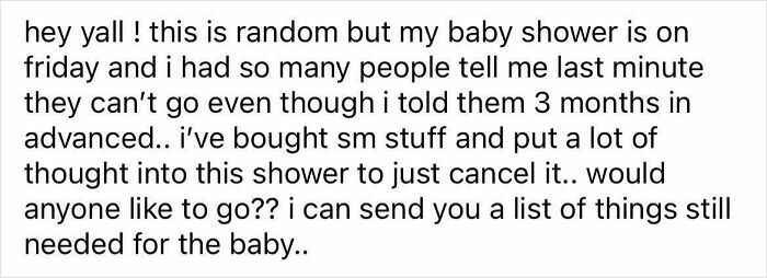A social media post from choosing beggars asking for last minute guests to buy gifts for a baby shower.