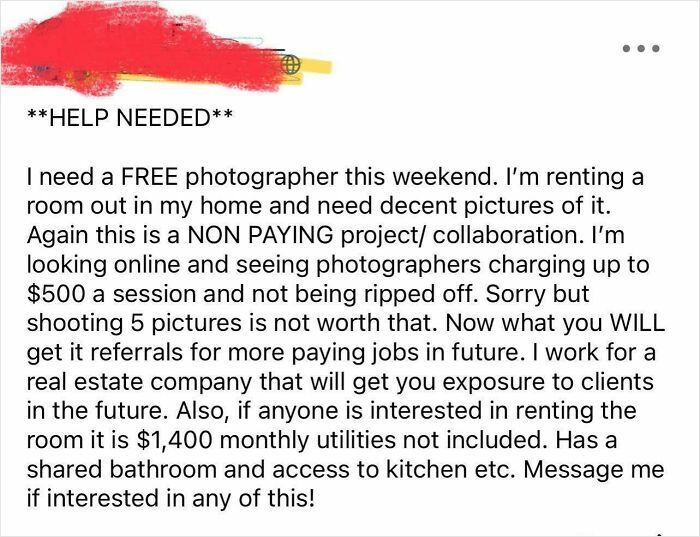 An online post from choosing beggars demanding a free professional photographer