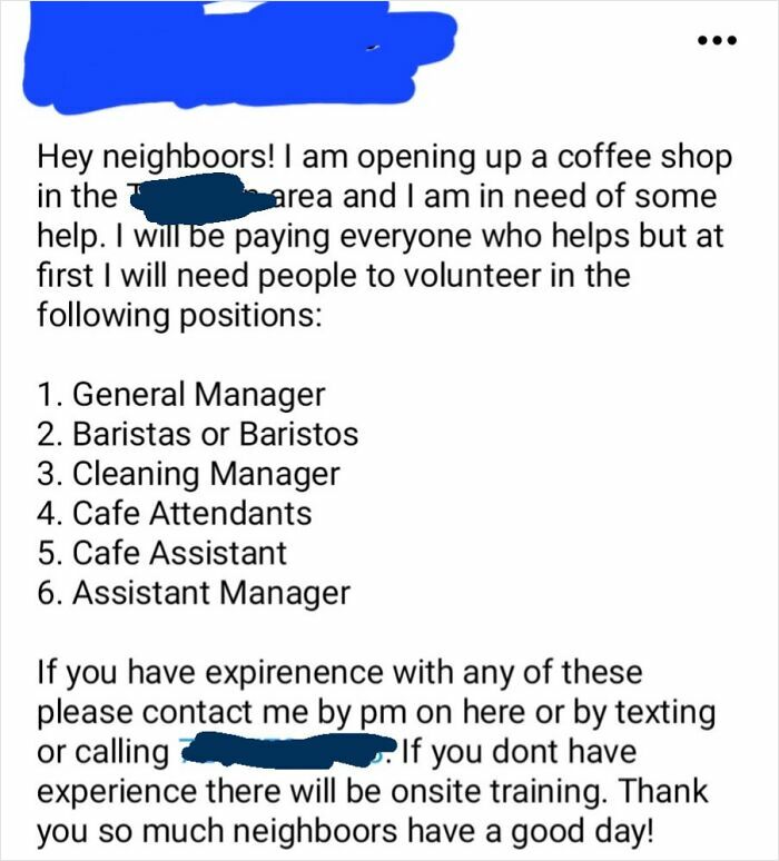 An online job post showcasing choosing beggars asking for volunteers to run an entire new coffee shop.