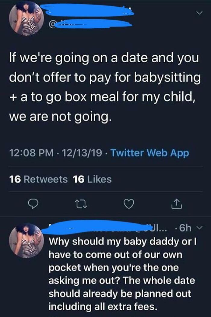 A Twitter post of choosing beggars demanding a date partner to pay for babysitting