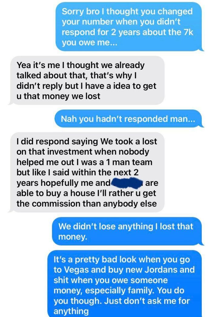 A message thread showing choosing beggars who owe money but make excuses