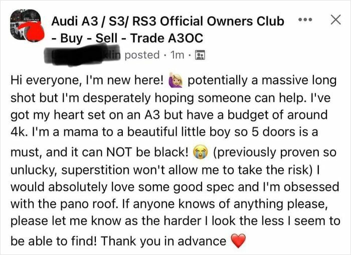 A post of choosing beggars looking for an Audi A3 with strict specifications on a low budget.