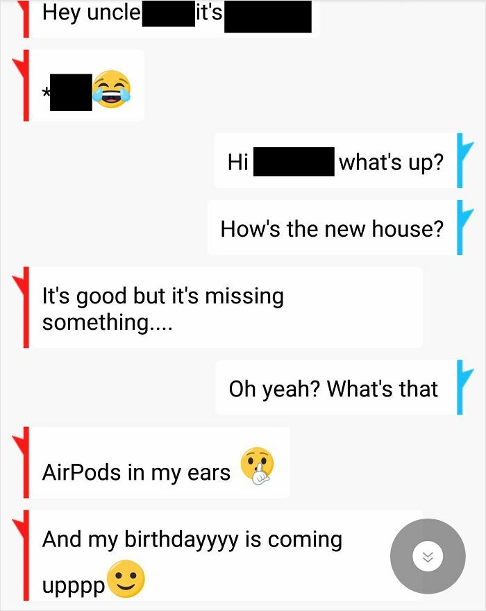 Screenshot of text messages from choosing beggars demanding AirPods for their upcoming birthday.