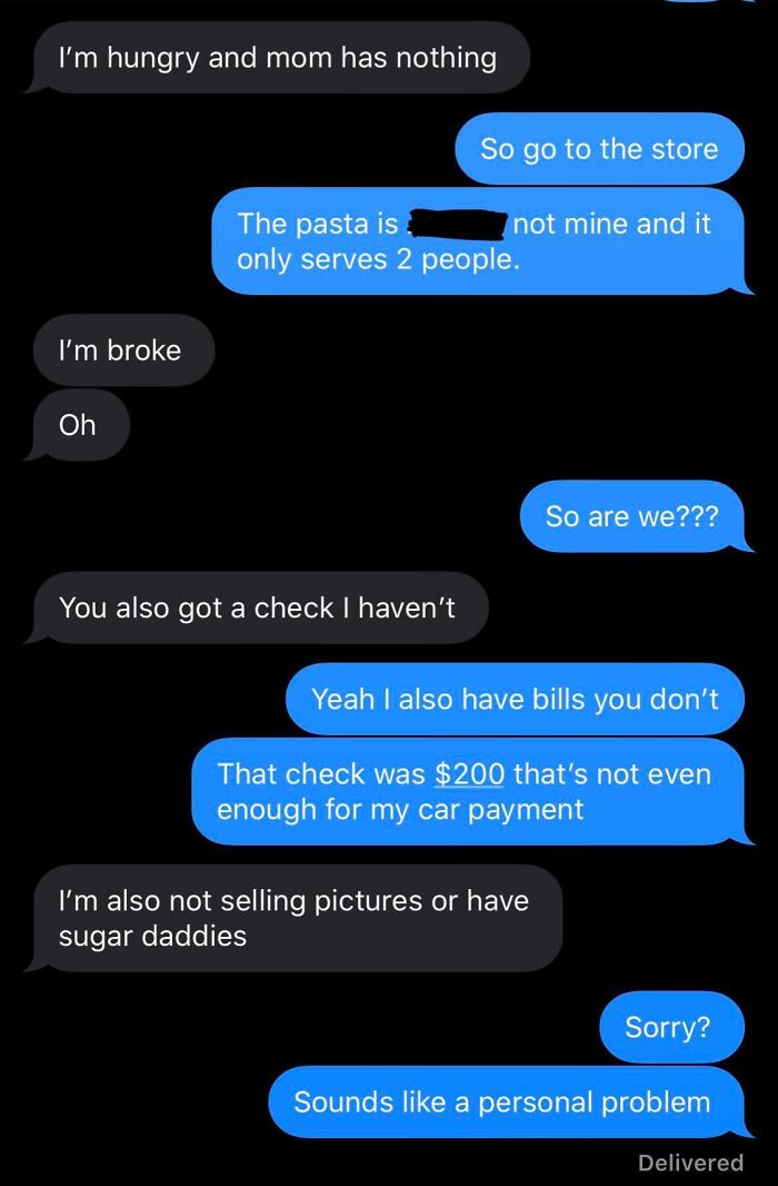 A chat screenshot of choosing beggars arguing over food and money