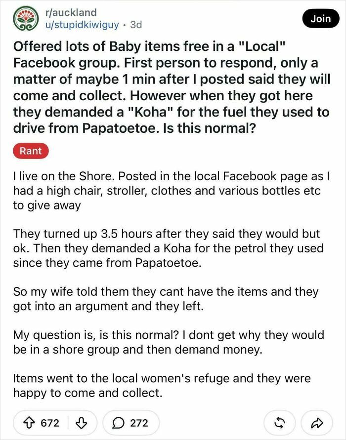 A Reddit post about choosing beggars who demanded gas money after picking up free baby items