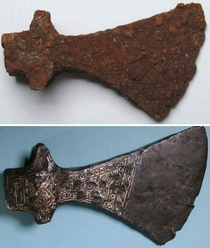 Before and after photos showing the transformation of a rusty ancient axe to a restored, intricately detailed weapon.
