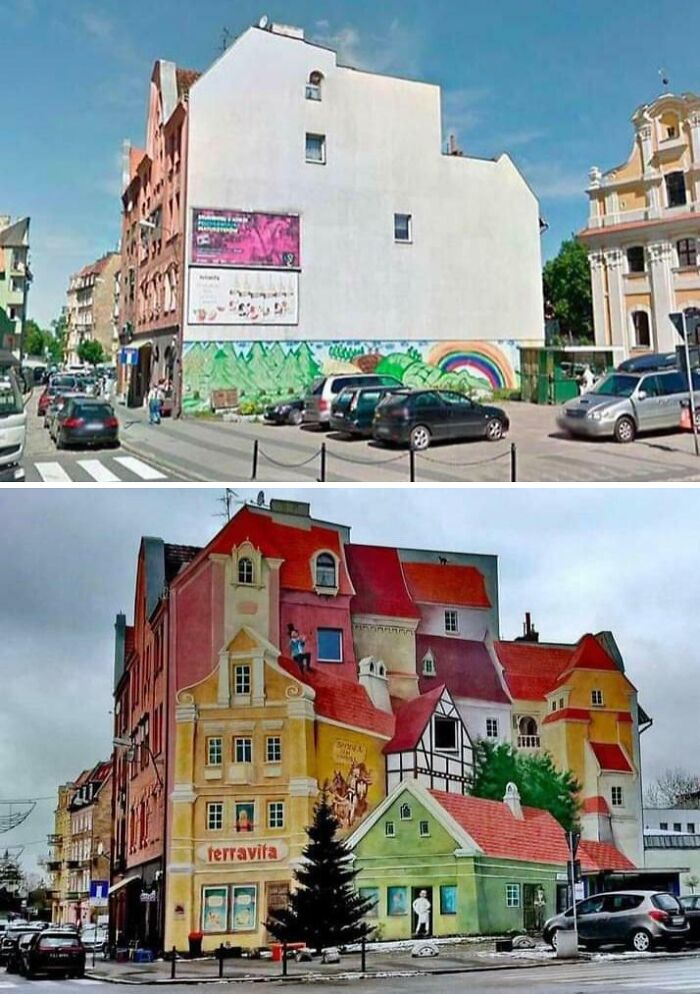 A before and after photo showing a plain building wall, then transformed into a colorful mural of houses, demonstrating transformations.