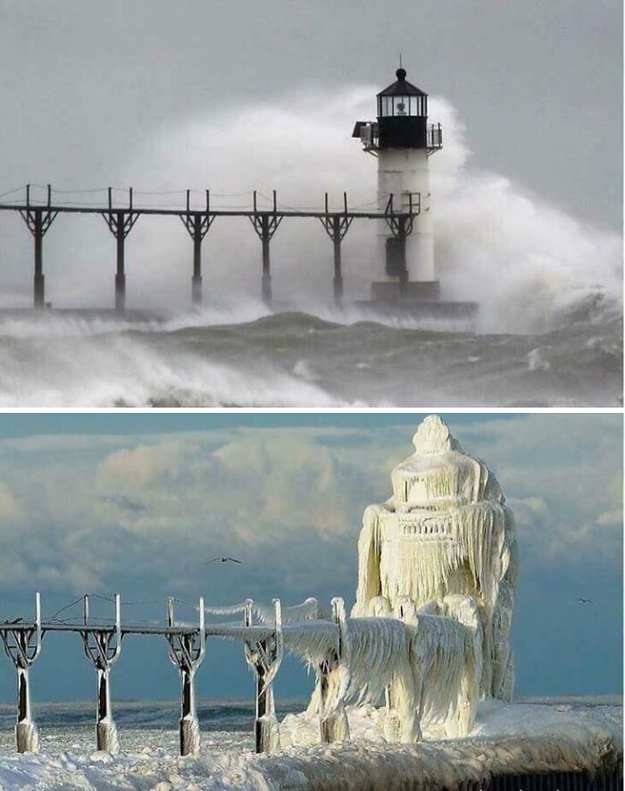 A before and after photo showing a lighthouse amidst stormy waves, then completely encased in ice, illustrating transformations.