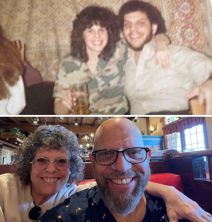 A before and after photo showcasing a fascinating transformation of a couple over the years.