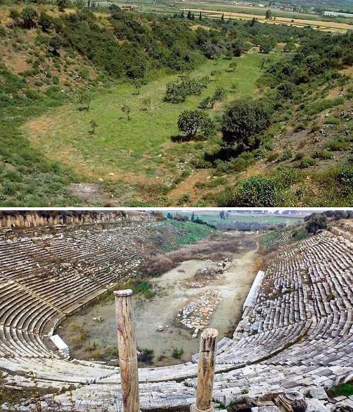 A before and after photo revealing the fascinating transformation of an overgrown field into ancient ruins of an amphitheater.