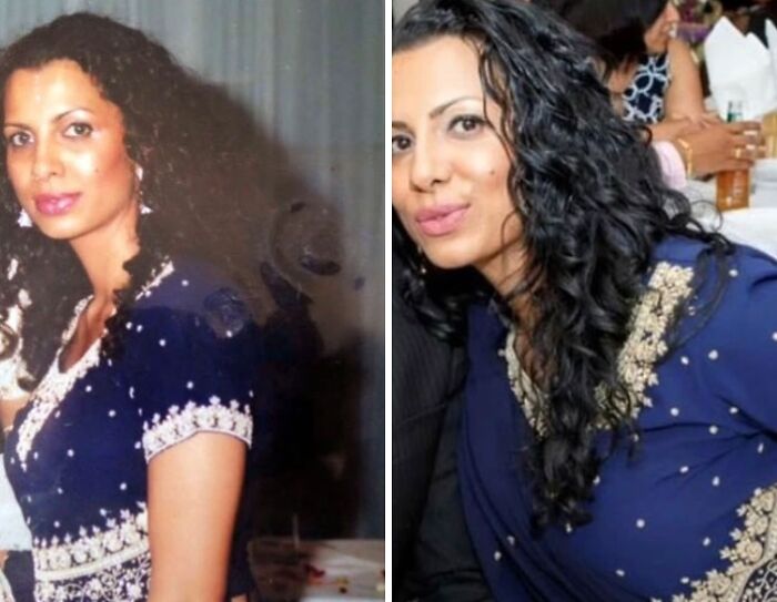 Before and after photos showing a woman in a dark blue, embroidered outfit, highlighting her amazing transformation.
