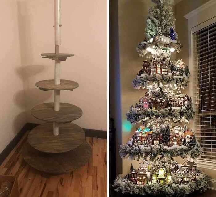 Before and after photos show a fascinating Christmas tree transformation from a wooden stand to a festive, illuminated display.