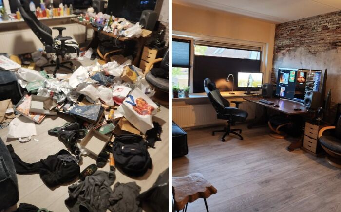 Before and after photo of a messy room on the left and a clean, organized room on the right, showing a surprising transformation of the living space.