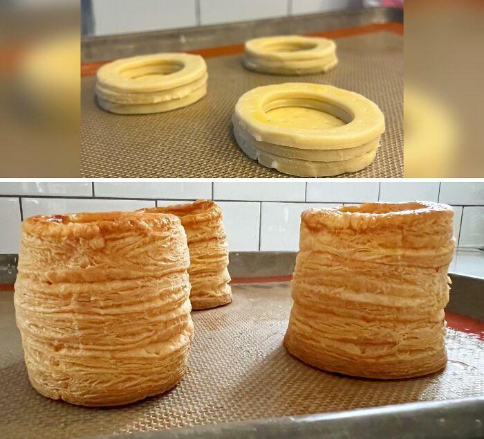 Before and after photos showing surprising transformations of pastry dough into golden baked vol-au-vents.