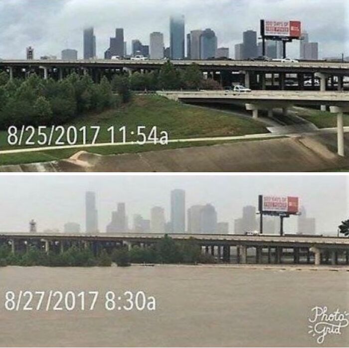 Before and after photos displaying a fascinating transformation of a cityscape before and after a flood.