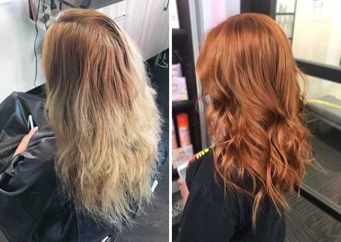 A before and after photo showcasing a fascinating transformation of hair color from blonde to vibrant red.