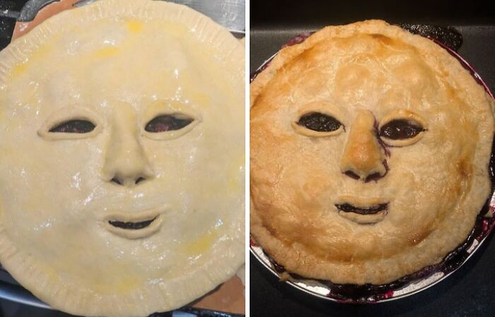 Before and after photos displaying inspiring transformations of a blueberry pie with a face, before and after baking.