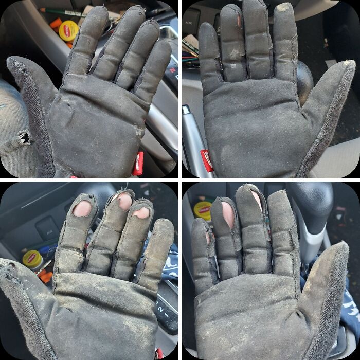 Before and after photos showcasing surprising transformations of work gloves from new to well-used condition.