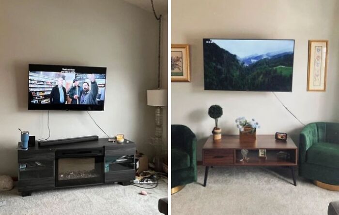 Before and after photos of a living room transformation, from a cluttered space to a tidy, elegant setup.