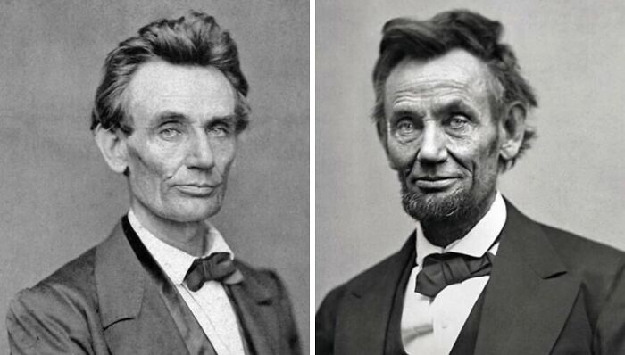 Before and after photos illustrating Abraham Lincoln's transformation, showing his younger, clean-shaven look versus his later bearded appearance.