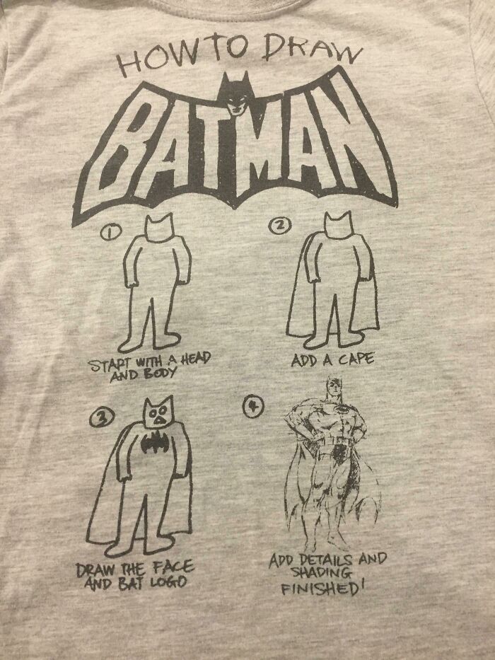 Humorous how to draw Batman illustrated simple step by step instruction on shirt