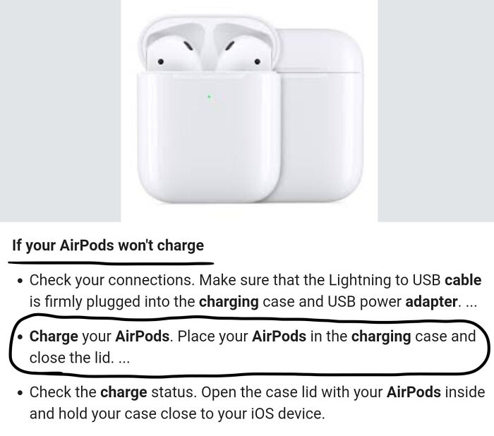 AirPods charging instructions with image of AirPods and charging case