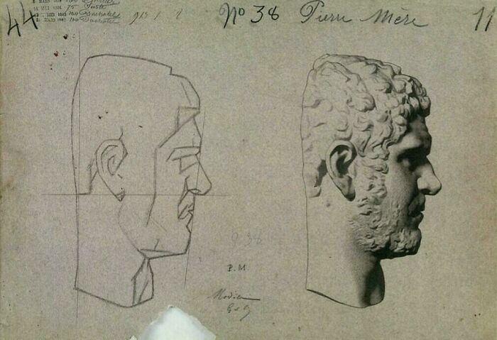 Comparison of a simple outline sketch and detailed head sculpture drawing