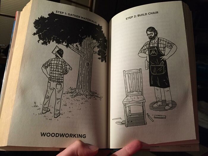 Humorous woodworking instructions showing gathering tree and building chair