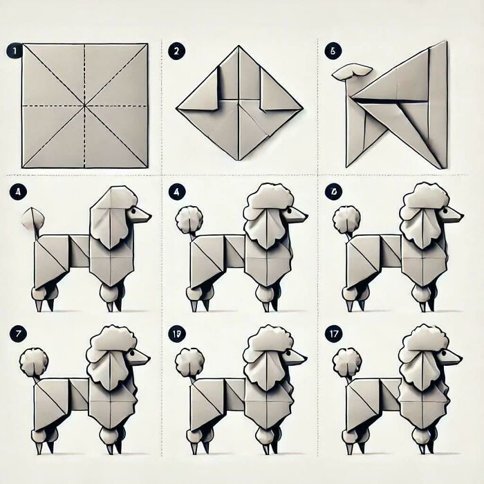 Origami folding steps for creating a dog figure from a square paper