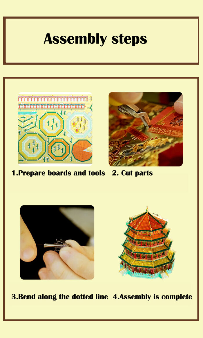 Steps to assemble metal model with boards cutting bending and final structure