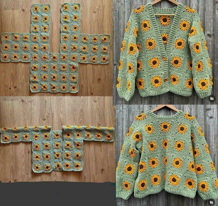 Crochet sunflower cardigan layout and finished sweater with square flower patterns