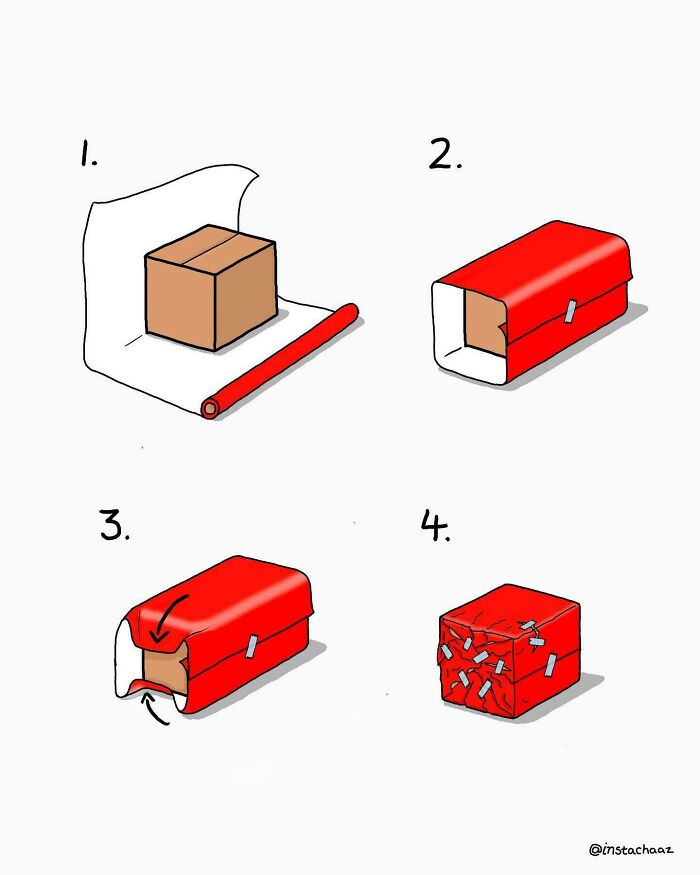 Step by step cartoon instructions showing how to wrap a box incorrectly with red wrapping paper