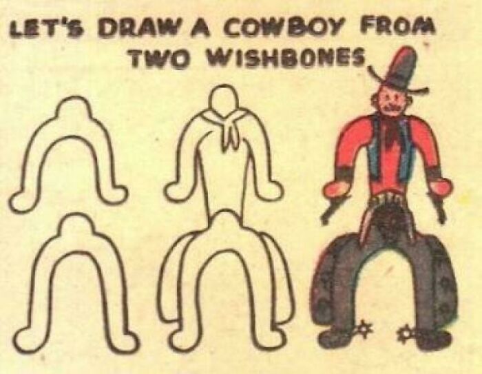 Cartoon style step by step drawing instructions for creating a cowboy from two wishbones