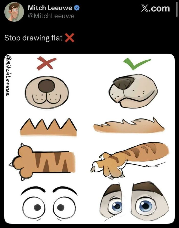 Drawing tips for adding depth to cartoon animal features avoiding flat designs