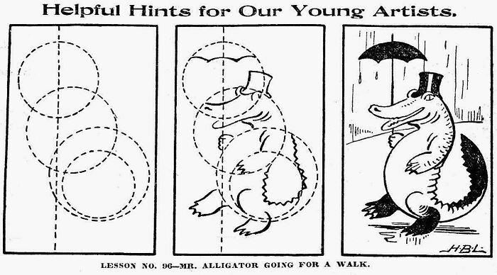 Vintage drawing lesson illustrating how to draw an alligator for young artists