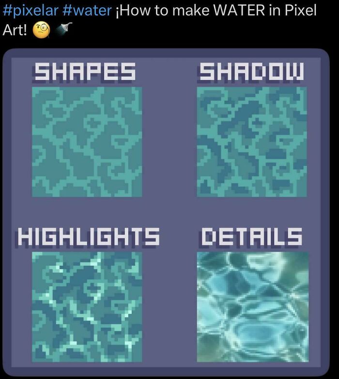 Pixel art tutorial demonstrating shapes, shadows, highlights, and water details