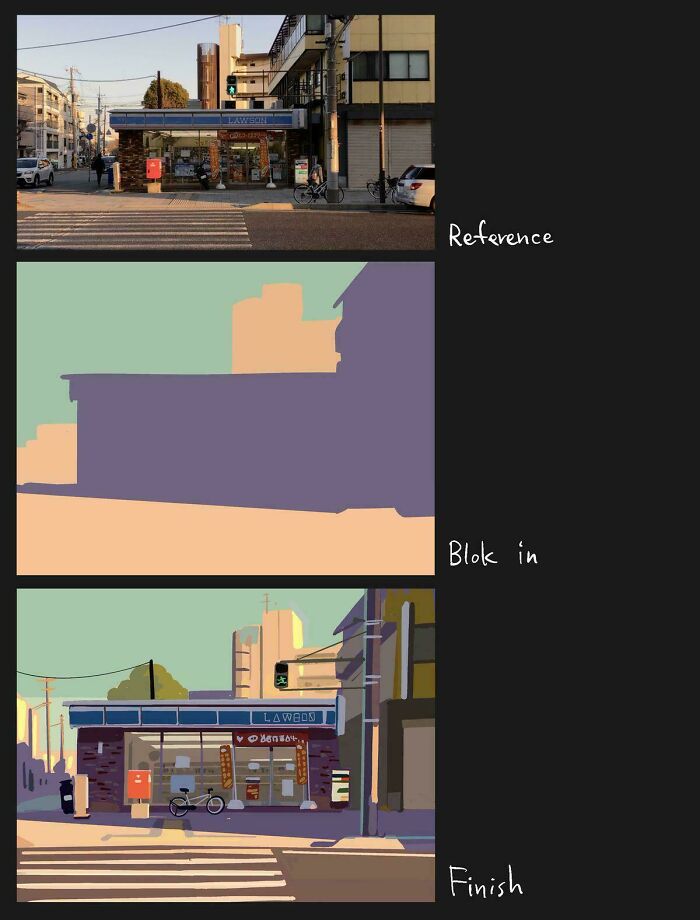 Digital painting process of a city street scene from reference to finish