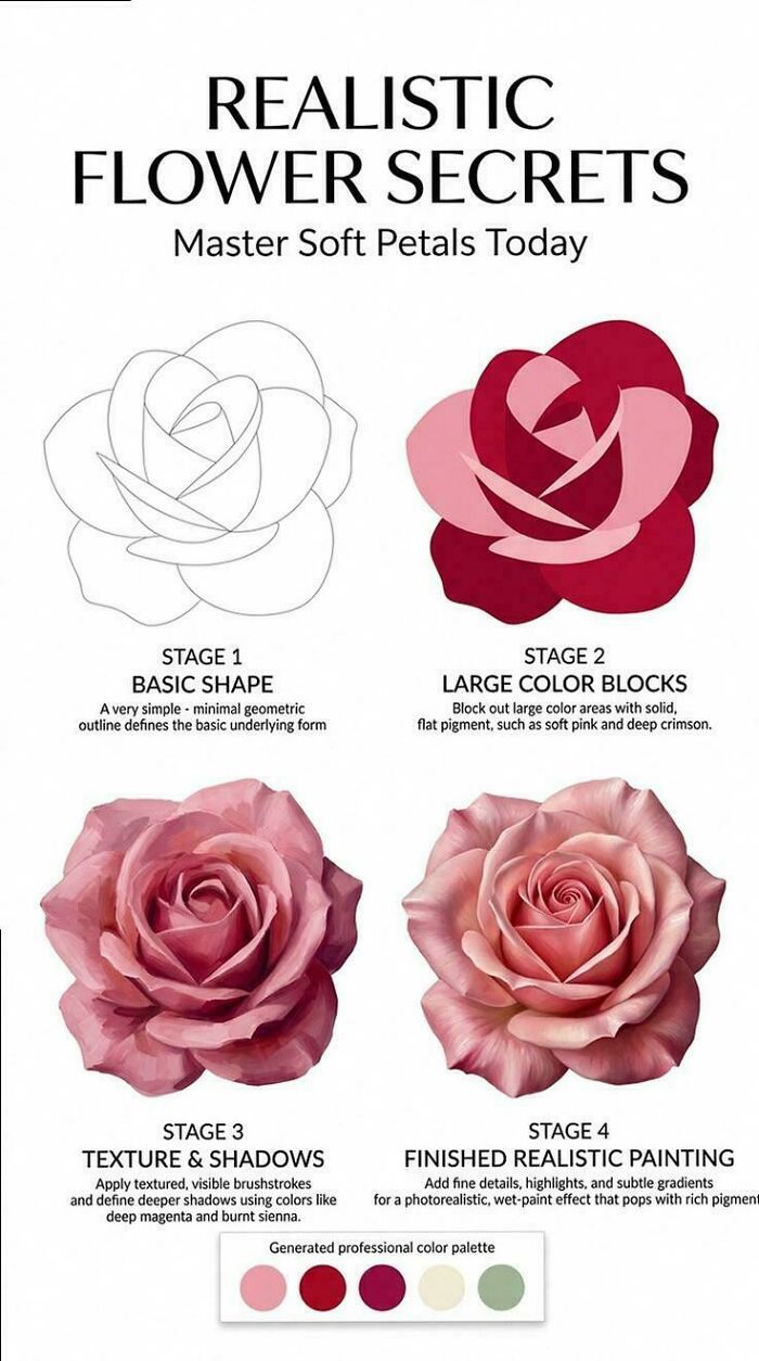 Step-by-step realistic flower drawing tutorial showing petals and shading techniques