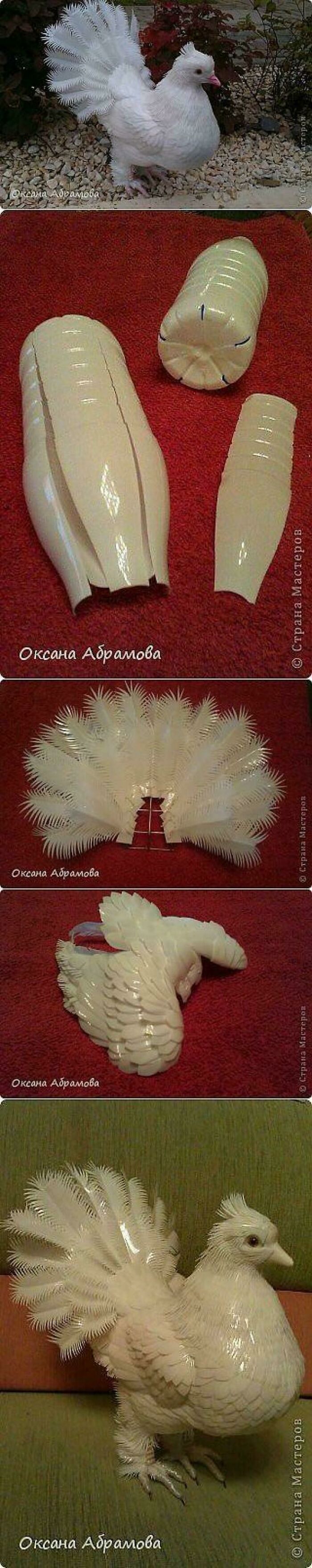 Step-by-step instructions making a white plastic bird sculpture with detailed feathers