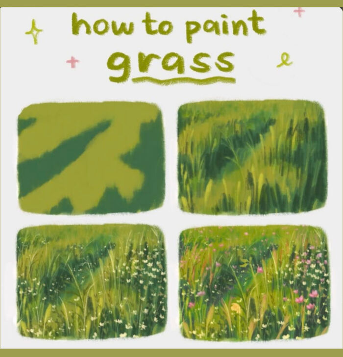 Step-by-step tutorial showing how to paint realistic grass in digital art