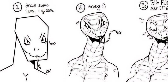 Funny step-by-step drawing guide of a snake character from simple lines to detailed sketch