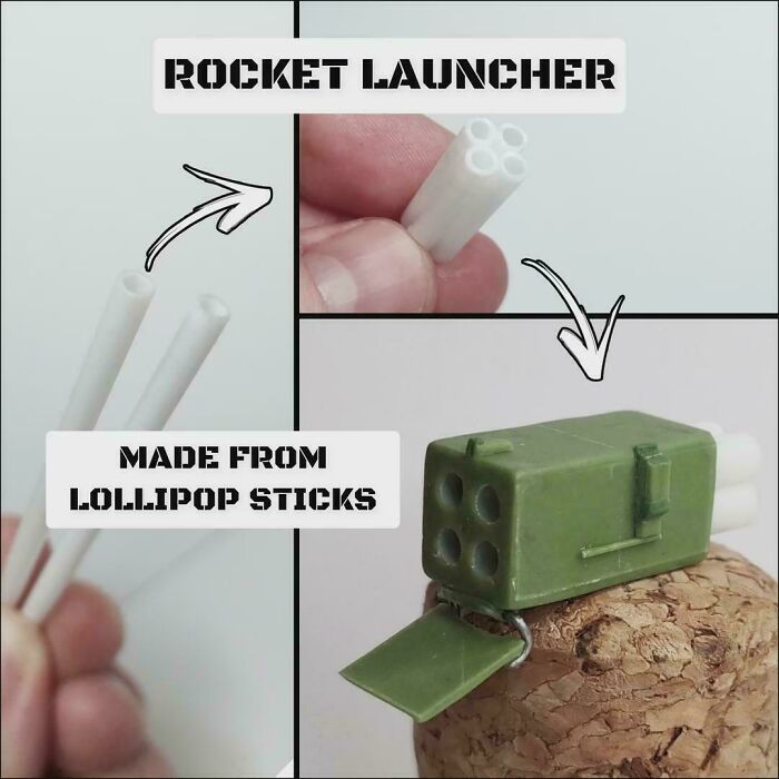 Homemade rocket launcher model created using lollipop sticks and craft materials